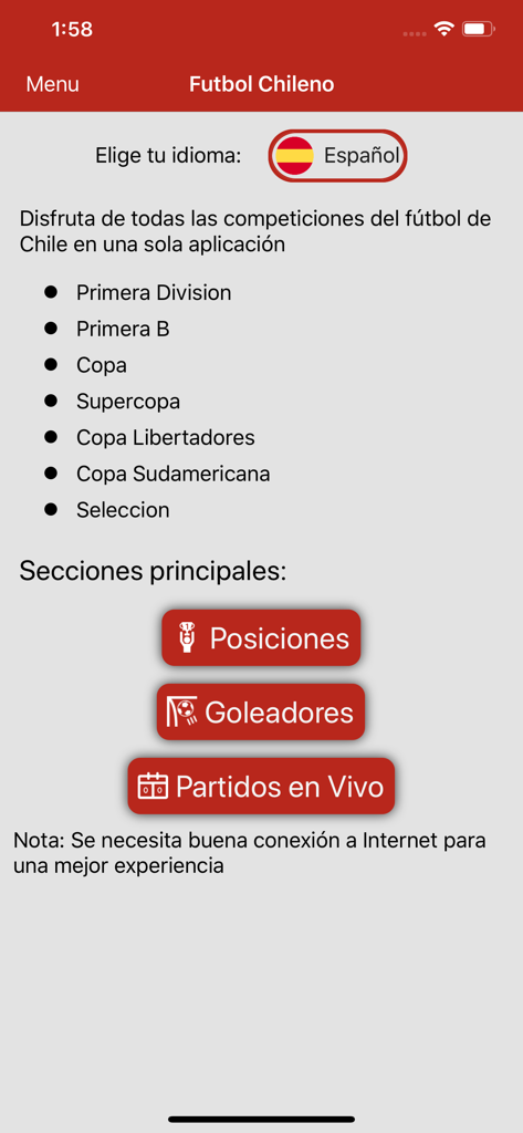 Chilean Soccer Live - チリサッカーライブアプリのメインメニュー。リーグ順位表、トップスコアラー、ライブスコアのオプションが表示されます