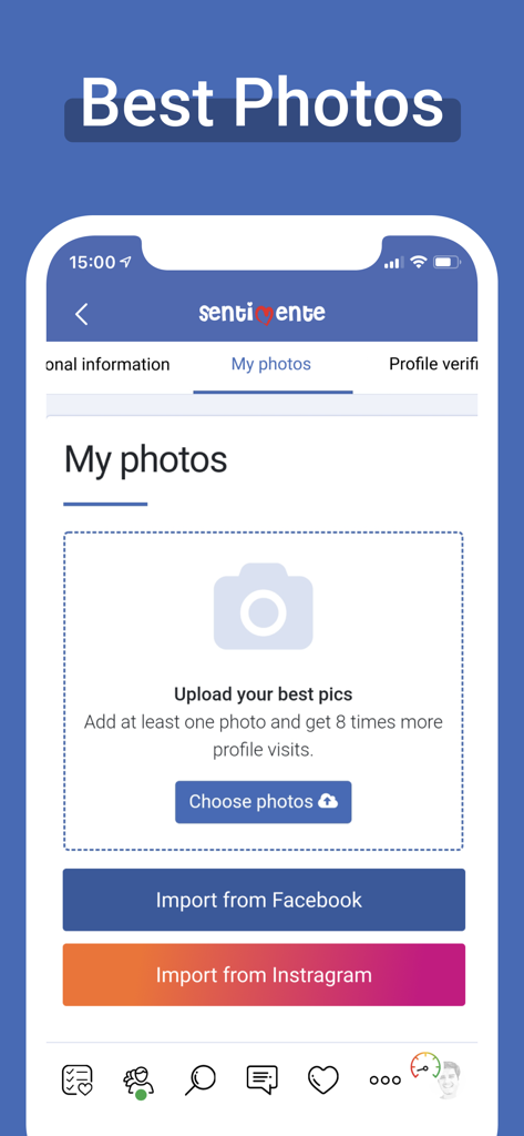 Sentimente dating app photo upload screen with options to import from Facebook and Instagram