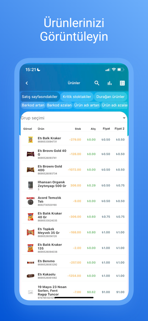 BenimPOS Pro mobile app showing a detailed product list with stock levels and pricing for small business inventory tracking.