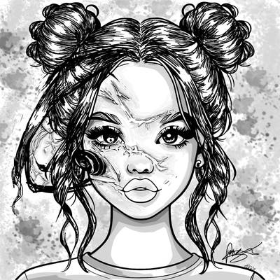 realistic girl with two buns in hair and lips