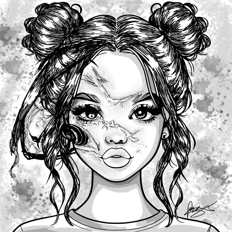 realistic girl with two buns in hair and lips