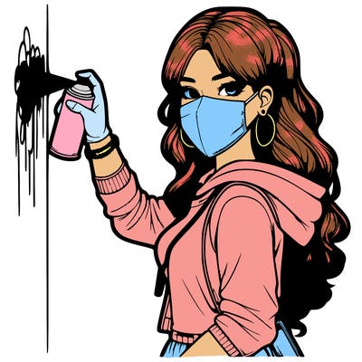 realistic girl with mask spray painting a wall
