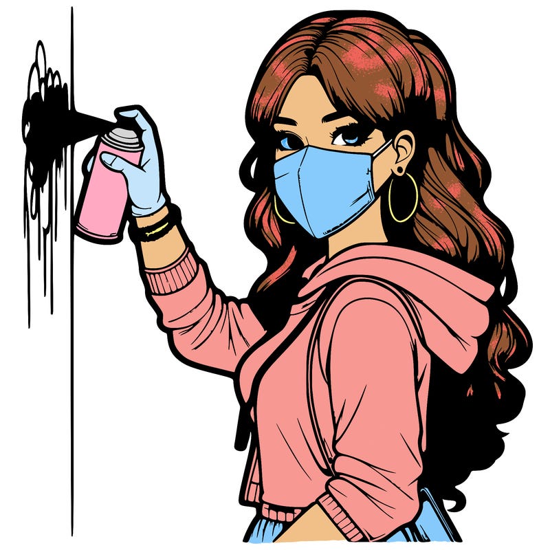 realistic girl with mask spray painting a wall