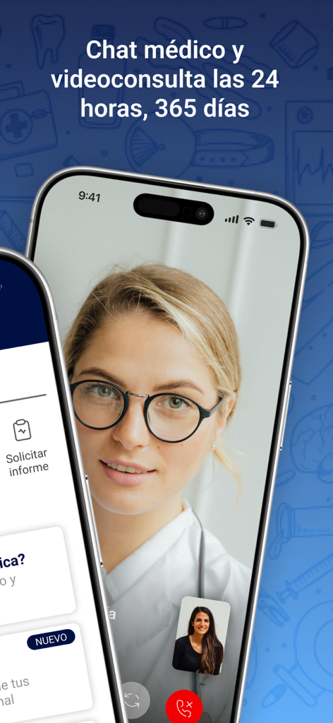 Interfaz de la app Meeting Doctors mostrando una consulta médica por video con una doctora disponible 24/7.