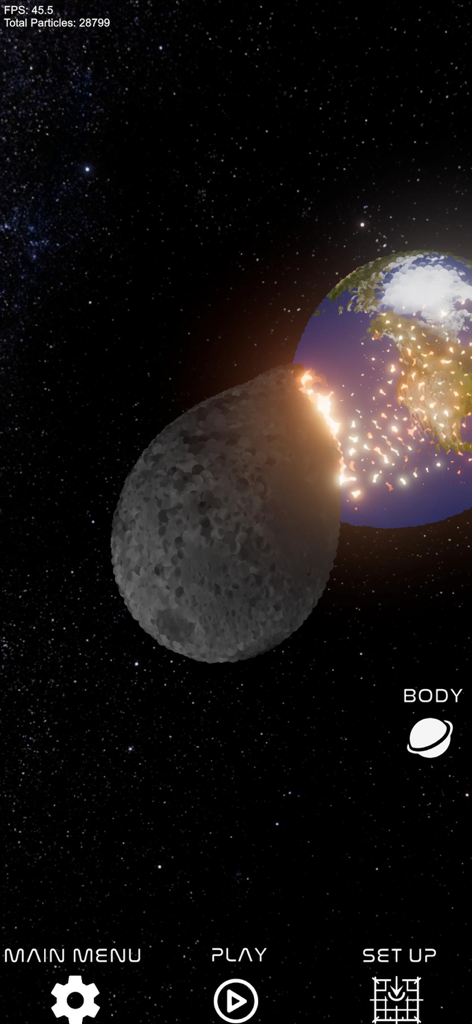 A simulation of a large asteroid colliding with a planet similar to Earth in deep space