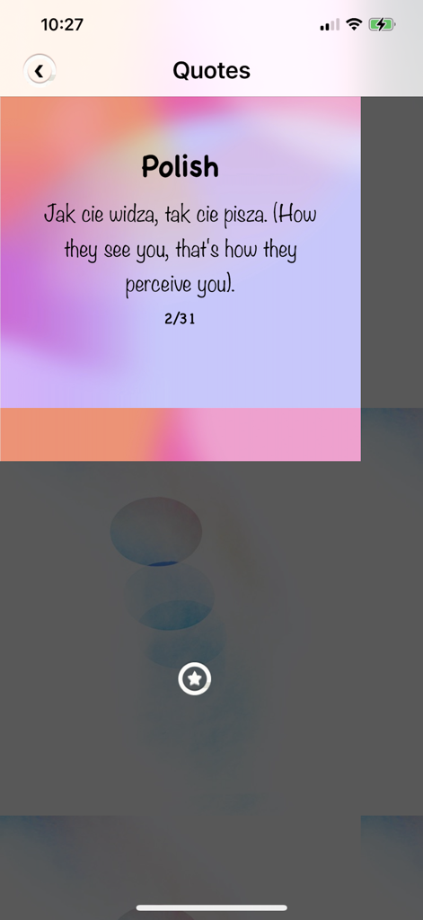 Wise Quotes App-Bildschirm mit einem polnischen Sprichwort und englischer Übersetzung