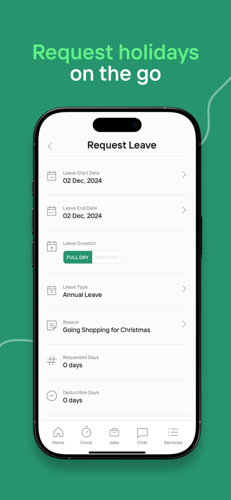 Tela móvel mostrando como os funcionários podem solicitar férias anuais e feriados no aplicativo TimeKeeper