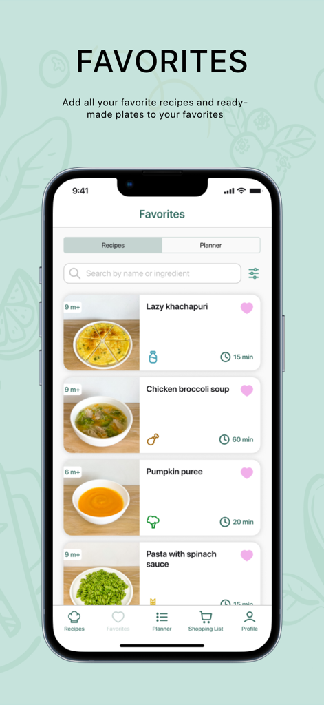 Baby Plates - Captura de pantalla de la aplicación Baby Plates que muestra una lista de recetas favoritas de comida para bebés con tiempos de preparación y recomendaciones de edad.