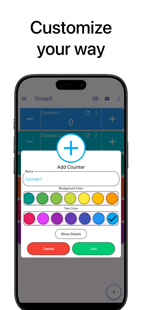 Interface showing the Add Counter popup with options to customize the counter name and color palette.