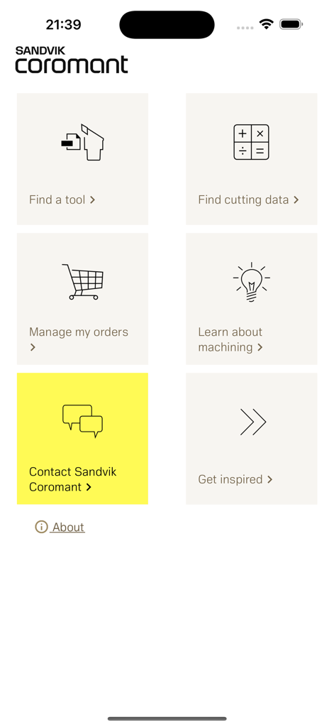 Ifind - Sandvik Coromant - Menú principal de la aplicación Ifind de Sandvik Coromant con mosaicos de navegación para encontrar herramientas y datos de corte