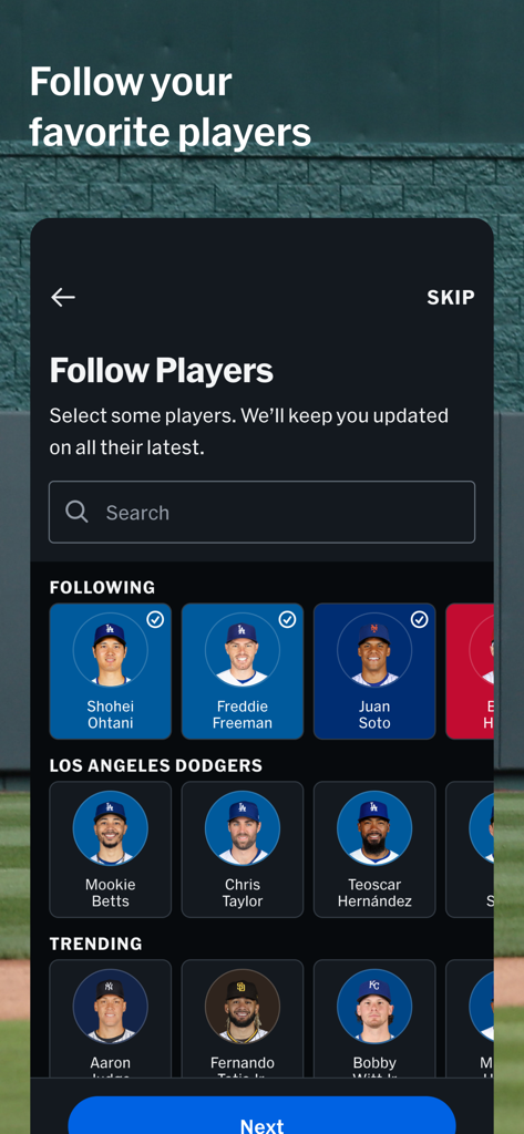 Mobile interface of the MLB app for following favorite baseball players