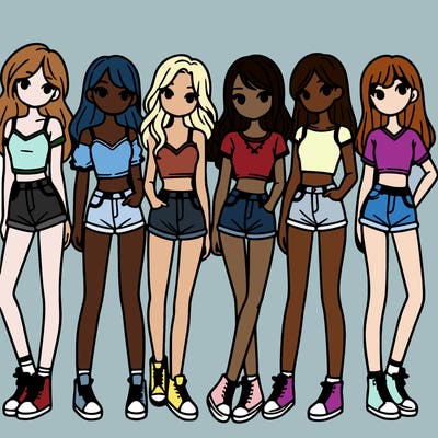 a group of girls wearing crop tops and shorts