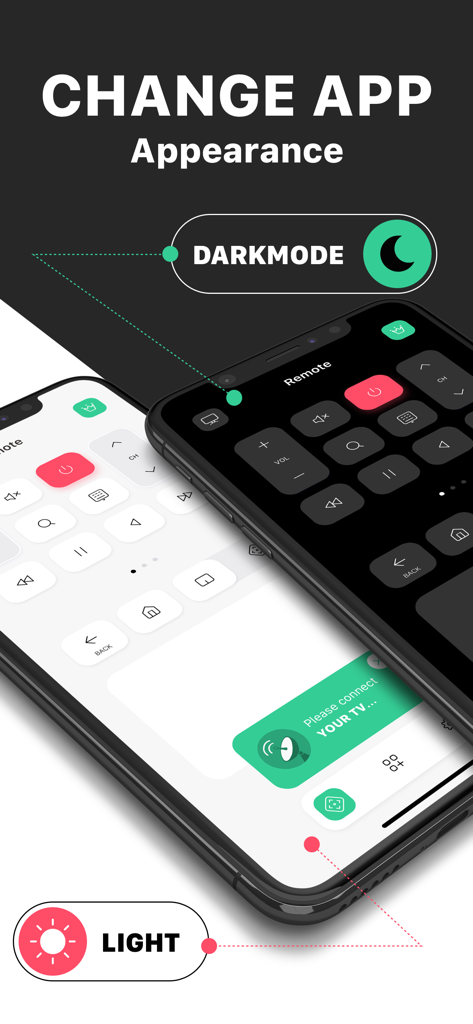 Interface de l'application de télécommande TV Plus montrant les options d'apparence en mode clair et sombre.