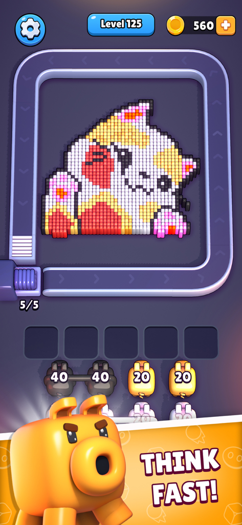Nível do Pixel Flow apresentando um quebra-cabeça de arte de pixel de gato da sorte com personagens de porco
