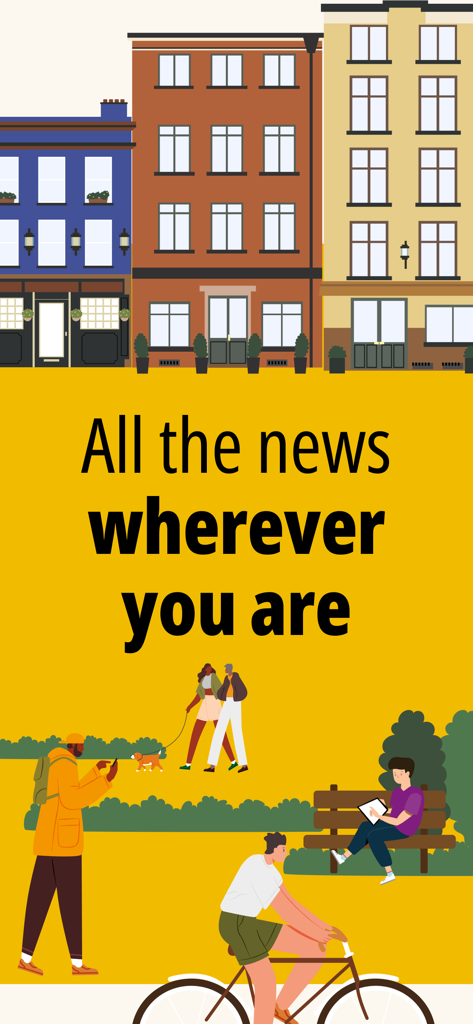 Una ilustración de edificios urbanos y personas en un parque con el texto Todas las noticias dondequiera que estés.