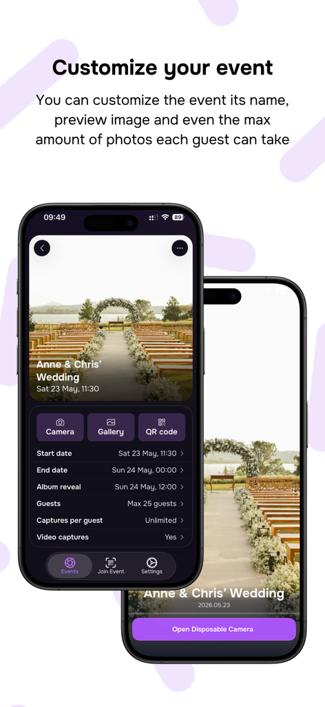 Lense app interface showing customization options for a wedding event including guest limits and photo reveal settings