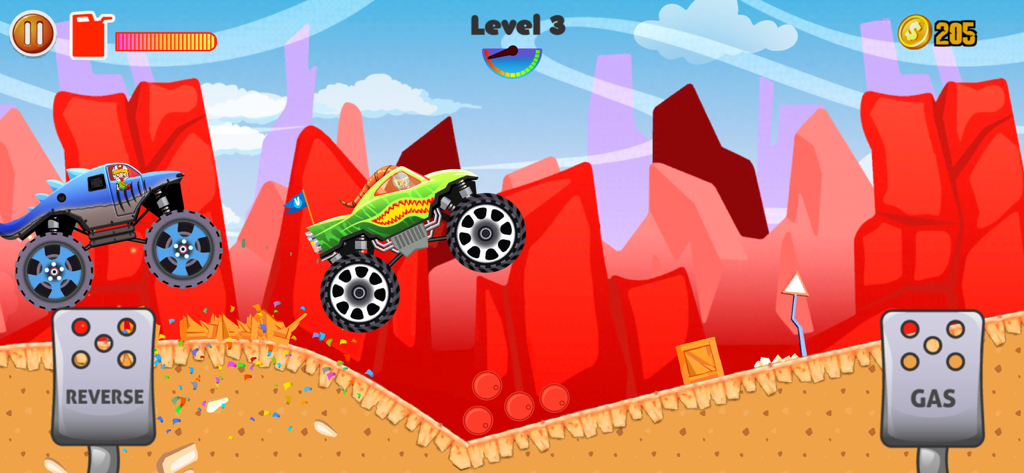 Vlad und Niki Monster Truck Rennspiel mit bunten Trucks und einfachen Gas- und Rückwärtsgängen