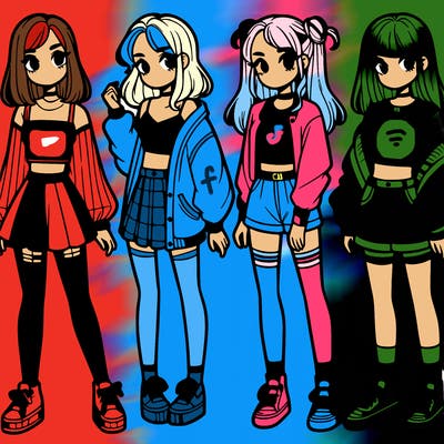 one girl with crop-top shirt and a jacket with a skirt, long socks and another girl with a shirt and pants with a jacket