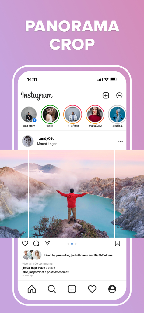Función de recorte panorámico para publicaciones de cuadrícula de Instagram que muestra una imagen de paisaje dividida
