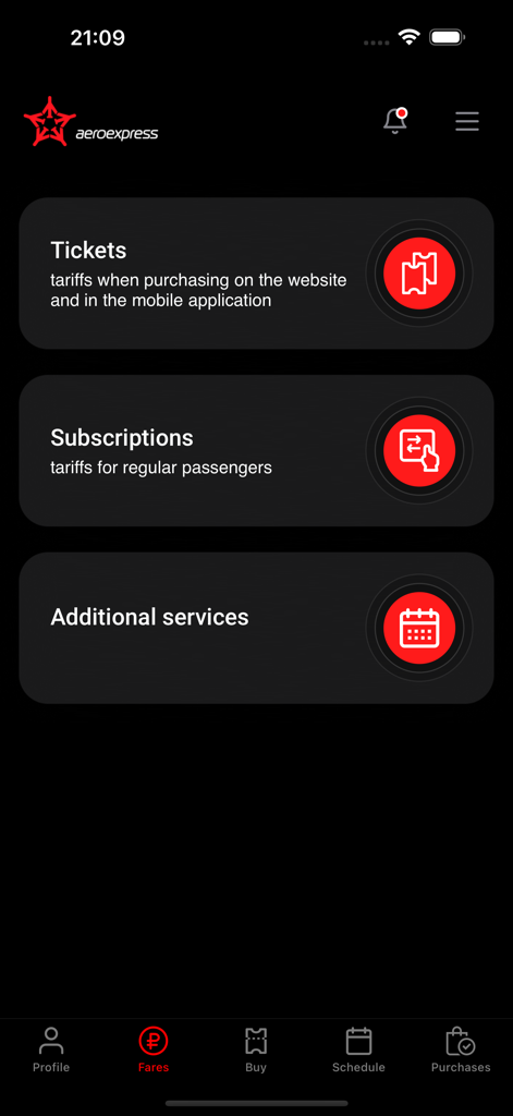 Pantalla de la aplicación móvil Aeroexpress que muestra opciones de billetes, suscripciones y servicios adicionales en una interfaz oscura.