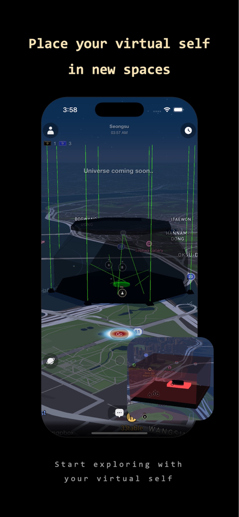 Fancian app screenshot showing a 3D map interface for virtual self exploration in a metaverse environment