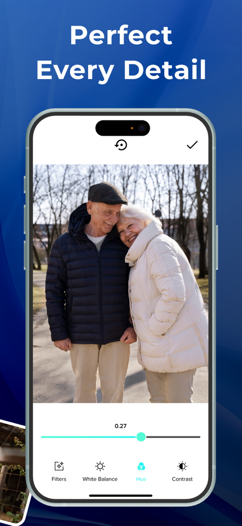 Interface de l'application Photo Scanner montrant le réglage de la teinte d'une photo scannée d'un couple âgé.