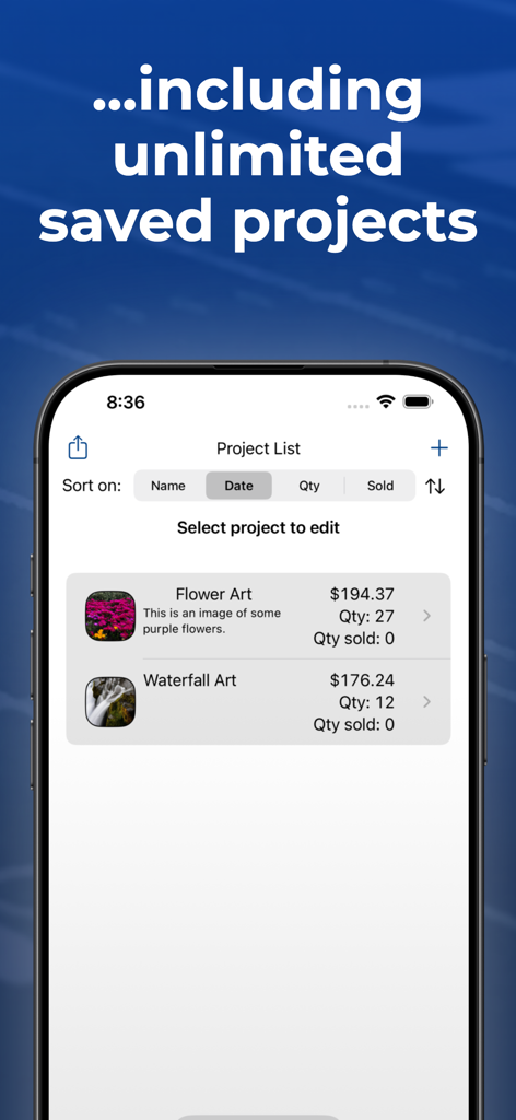 Craft Pricing Assistant Pro - スマートフォン画面に、Craft Pricing Assistant Proアプリの画像と価格が表示された工芸プロジェクトのリストが表示されています。