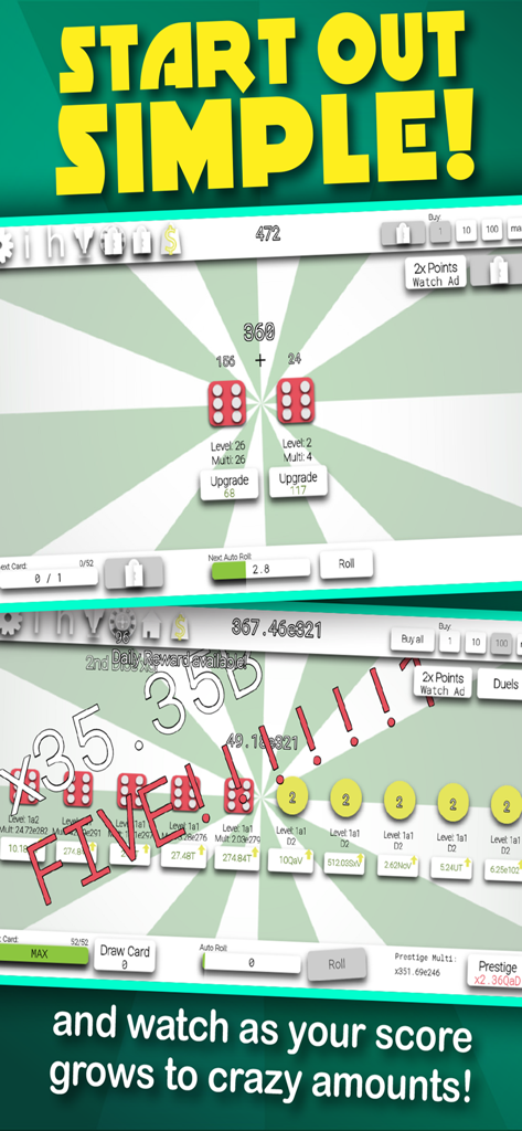 Idle Dice: Incremental Game - Gameplay screenshot showing the progression from simple dice rolls to high score multipliers in Idle Dice