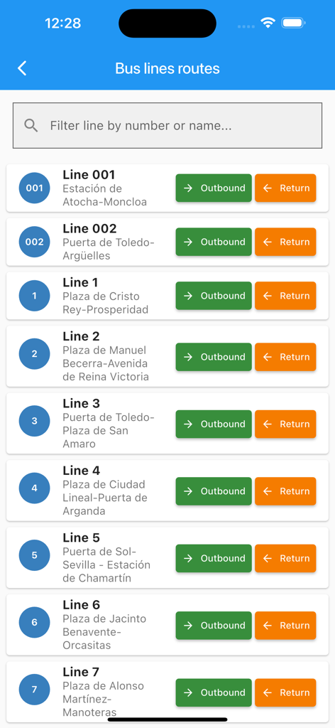 Una lista de rutas de autobús en Madrid con opciones de viaje de ida y vuelta