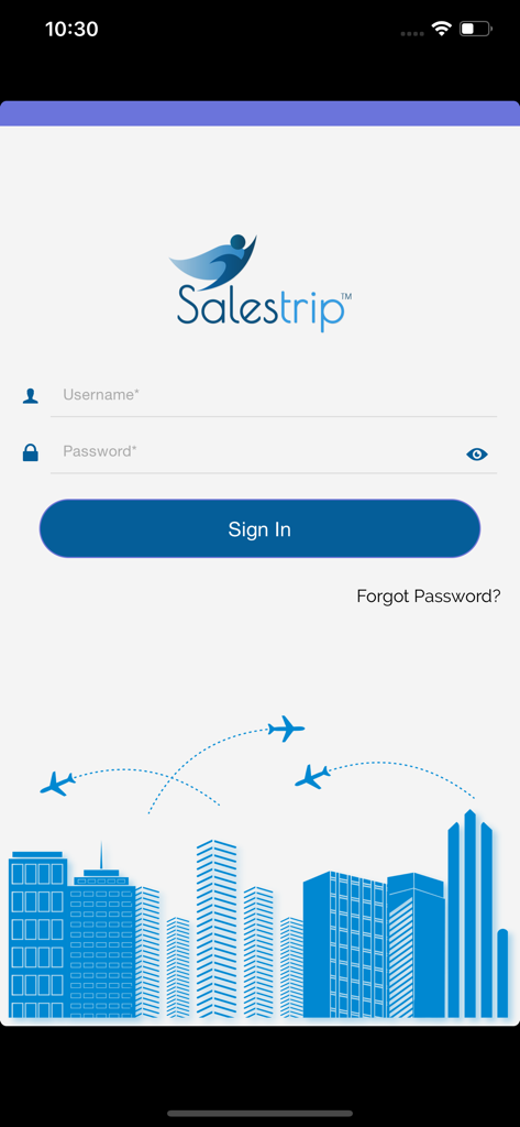 사용자 이름 및 암호 필드가 있는 Salestrip SFA 애플리케이션 로그인 페이지