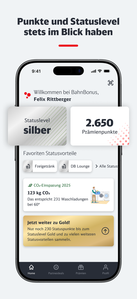 Mobile interface of the BahnBonus loyalty app displaying silver status level, reward points balance, and lounge benefits