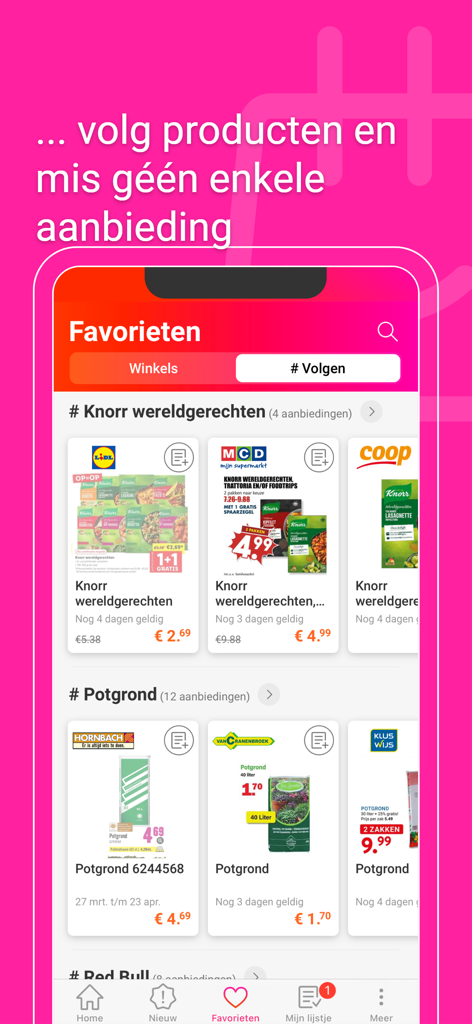 Screenshot of the Folderz app favorites screen showing followed product deals from various retailers like Lidl and Coop