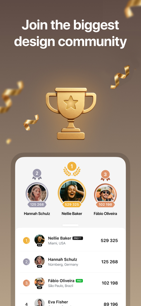 Mobile app leaderboard showing the top ranked designers in the Home Planner design community.