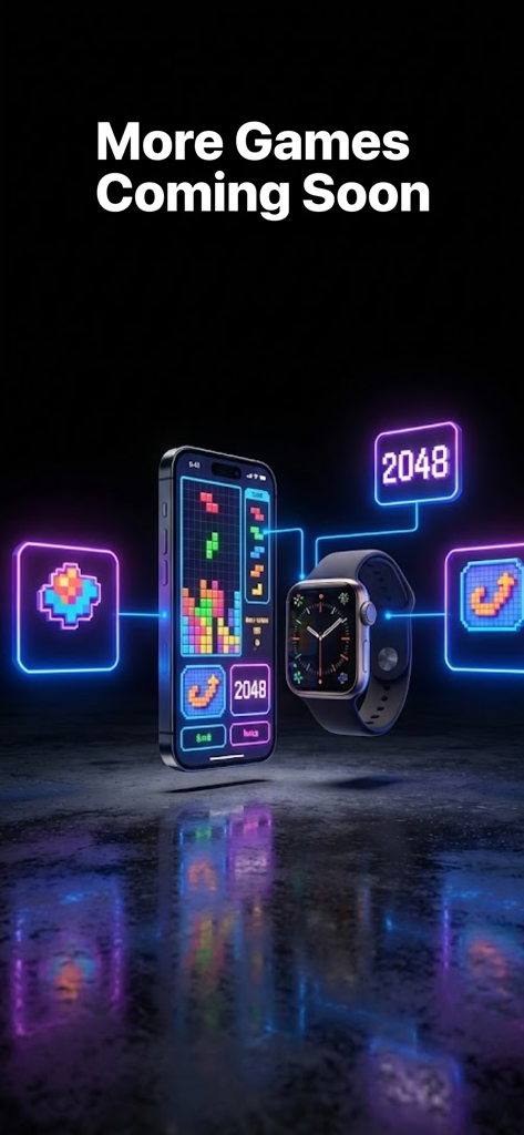 GameHub - Mini Games for Watch - iPhone and Apple Watch displaying retro mini games and a more games coming soon message