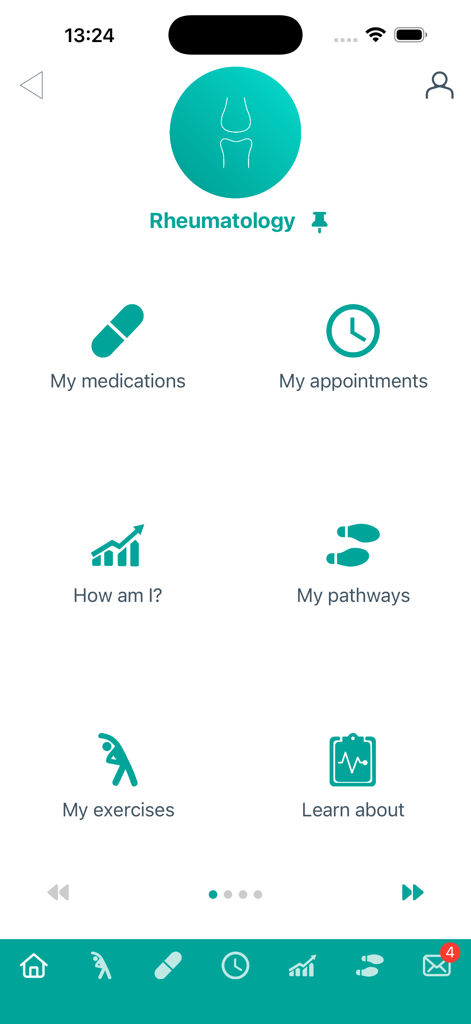 CONNECTPlus - CONNECTPlus app rheumatology dashboard with icons for medications, appointments, and health tracking