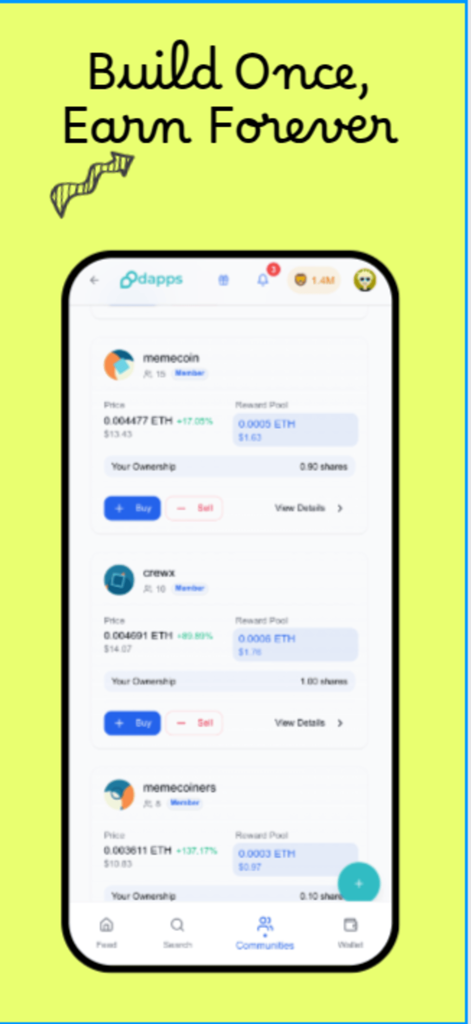 Dapps.co - Pantalla de Comunidades de la aplicación Dapps.co mostrando grupos de recompensas y opciones de propiedad digital en Ethereum