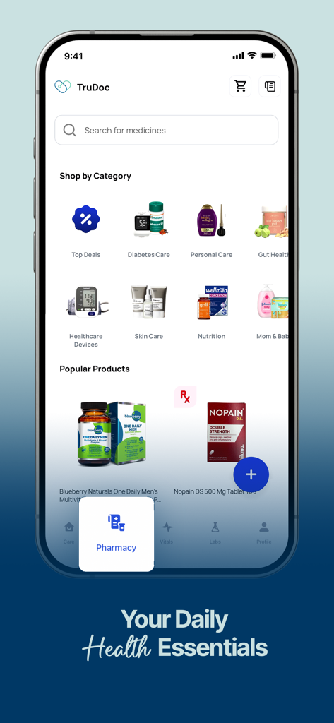 A screenshot of the TruDoc app pharmacy interface showing categories like diabetes care and nutrition alongside popular medical products
