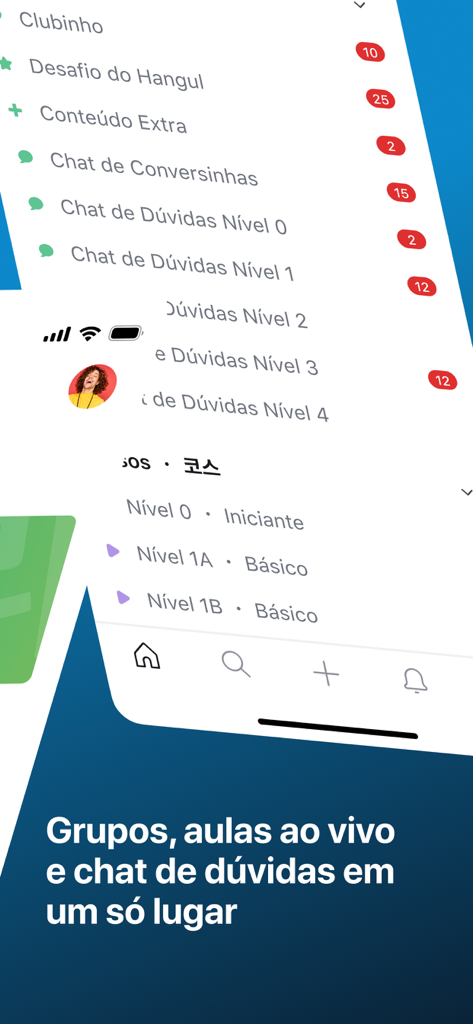Coreano Online - Tela do aplicativo Coreano Online mostrando vários grupos de bate-papo de estudo e níveis de cursos de idiomas