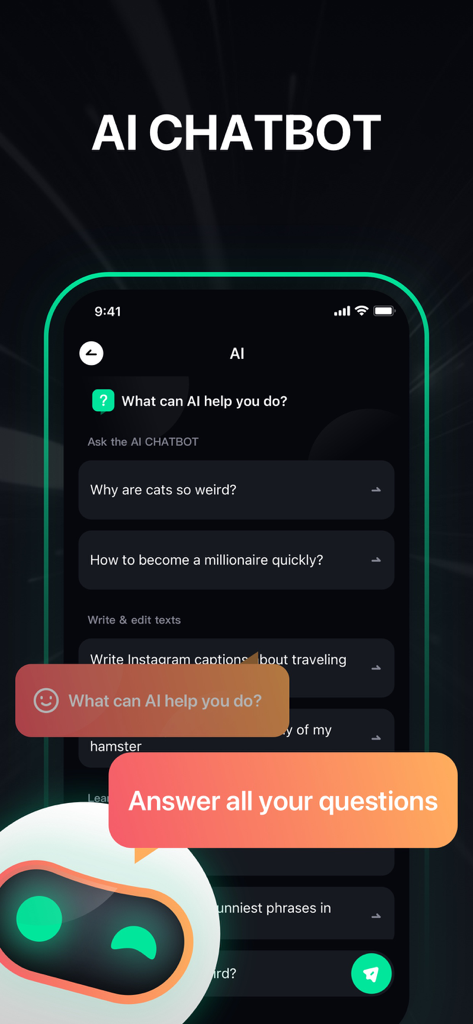 Chatify - AI Chat - Mobile app screenshot of Chatify AI Chatbot interface featuring suggested prompts and a digital assistant character