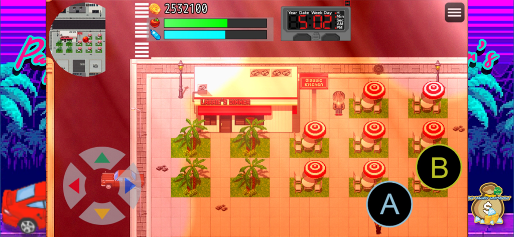 A top-down view of a city street in the Paper Chaser's RPG featuring a diner and outdoor cafe seating.