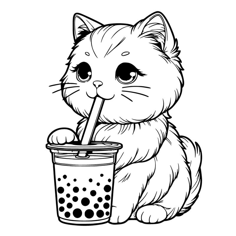 a realistic cat drinks a realistic boba tea