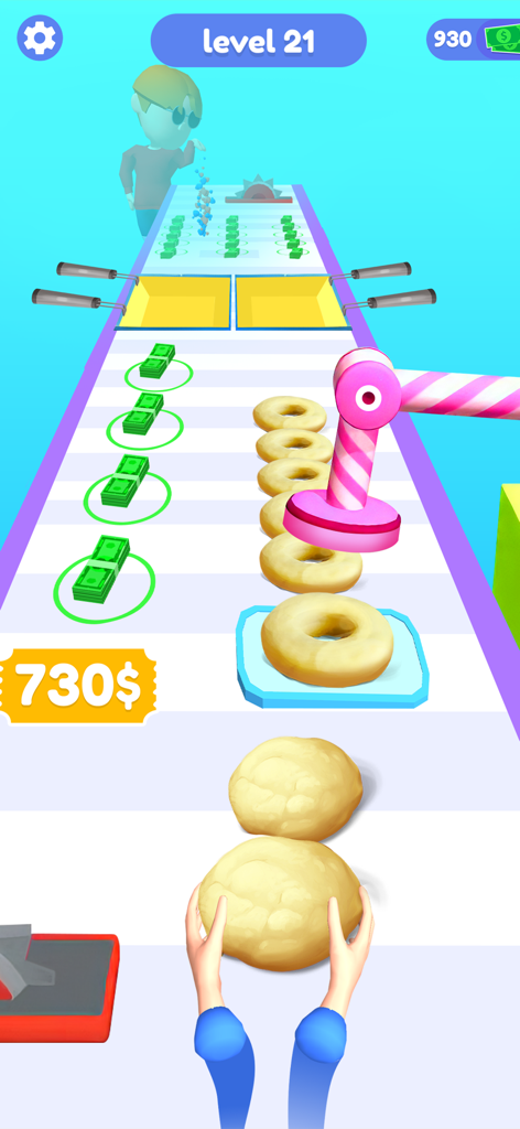 Bakery Stack Cooking Games - Gameplay screenshot of Bakery Stack showing donut preparation and cash collection on a runner track.