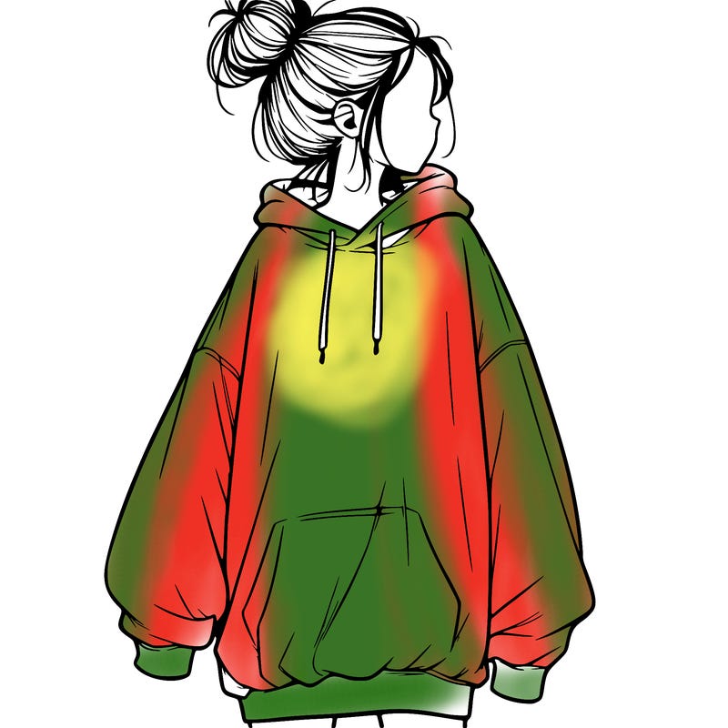 realistic girl with a oversized sweatshirt on and a bun