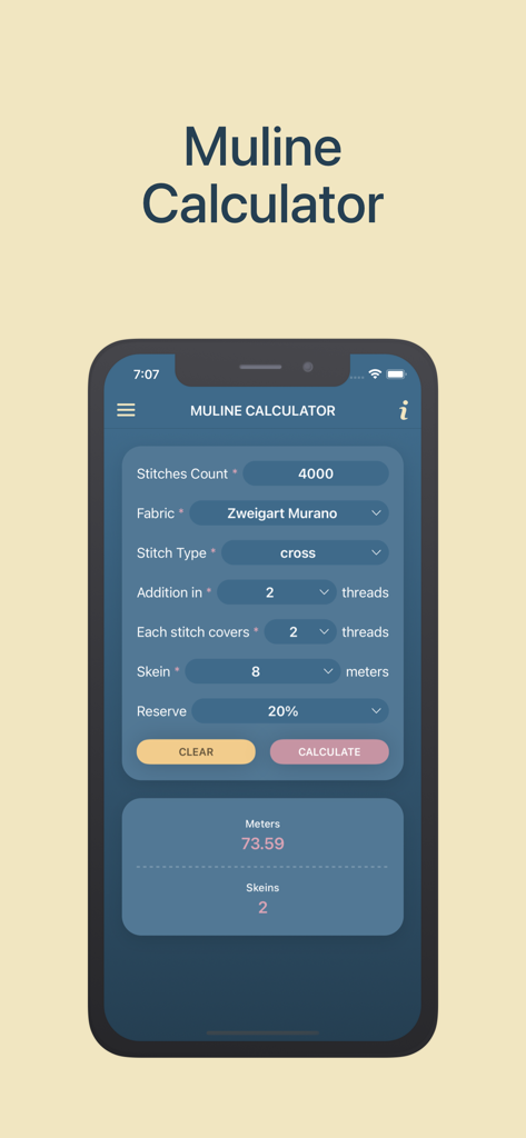 Uma interface de aplicativo móvel mostrando uma Calculadora de Muline para ponto cruz que calcula os metros e novelos necessários de linha de bordar com base nos detalhes do projeto.