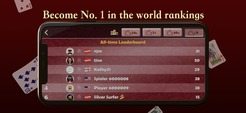 Hearts Online: Card Game - Classifica globale che mostra le prime posizioni dei giocatori nell'app di gioco di carte Hearts Online.