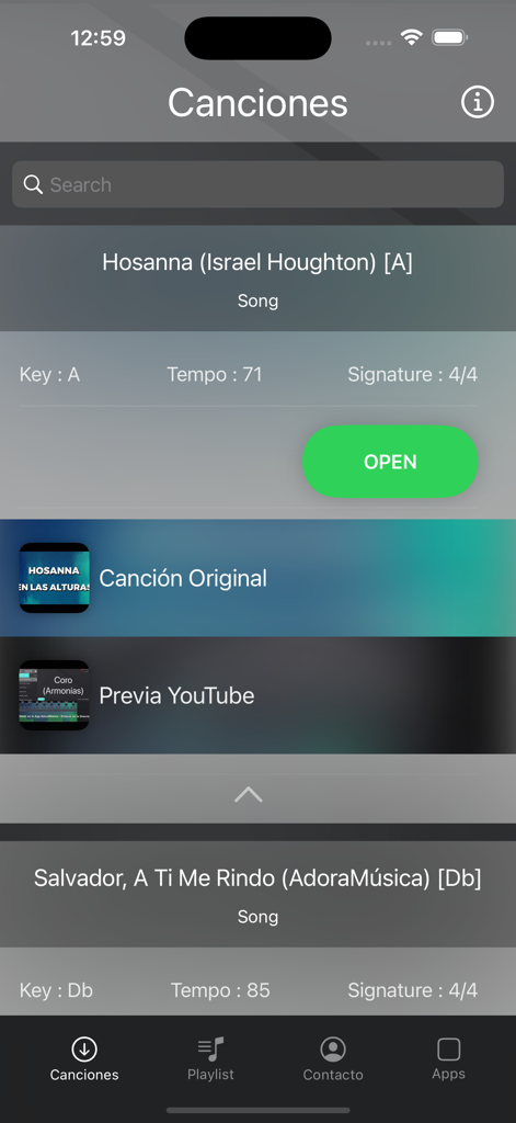 AdoraMúsica - The songs library screen in AdoraMúsica showing a list of worship tracks with their musical key and tempo details.