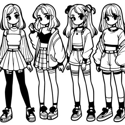 one girl with crop-top shirt and a jacket with a skirt, long socks and another girl with a shirt and pants with a jacket