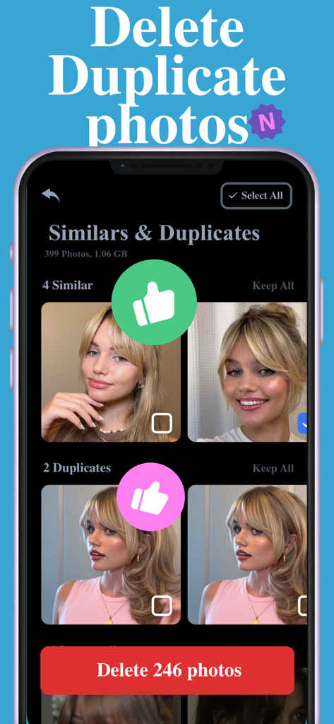 Photo Deleter - Camera Cleaner - Interfaz de la aplicación Photo Deleter mostrando fotos similares y duplicadas identificadas para eliminación masiva