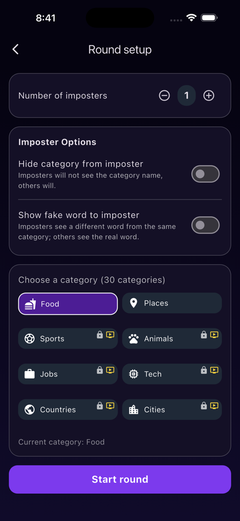 Schermata di impostazione del round nel gioco di società The Imposter che mostra le opzioni per il numero di impostori e la selezione della categoria di parole.