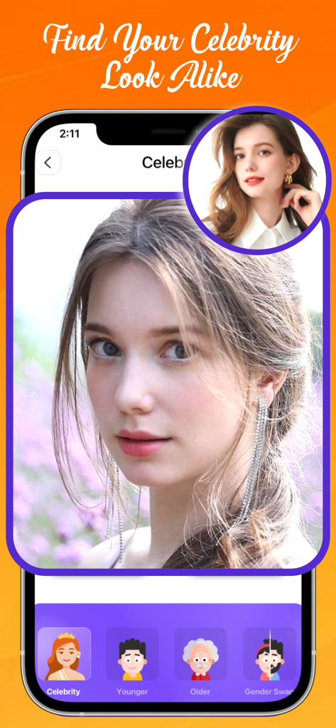 How Will I Look When Im Older - AI photo app interface showing the Celebrity Look Alike feature comparing a user photo to a celebrity match.
